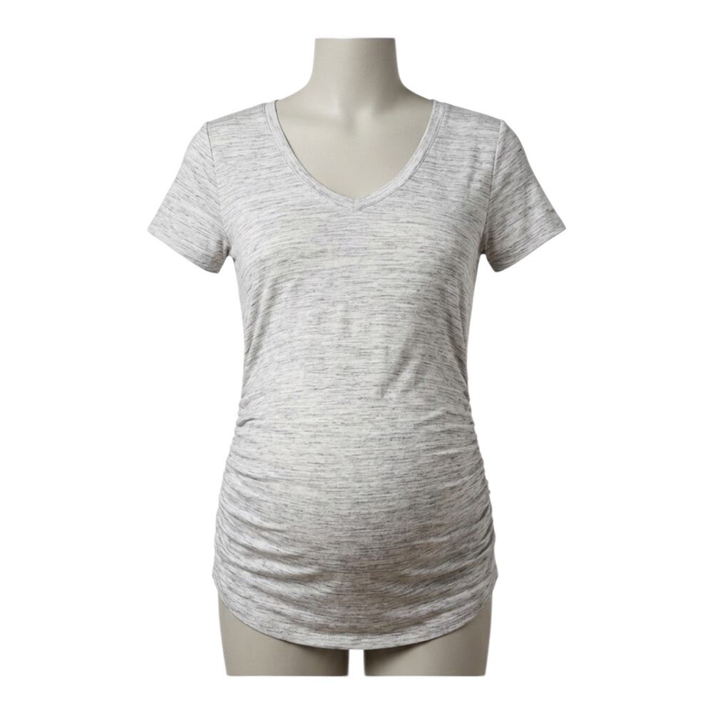 Motherhood Maternity Heather Gray Ruched SS V-Neck Top Medium Bumplife Fit